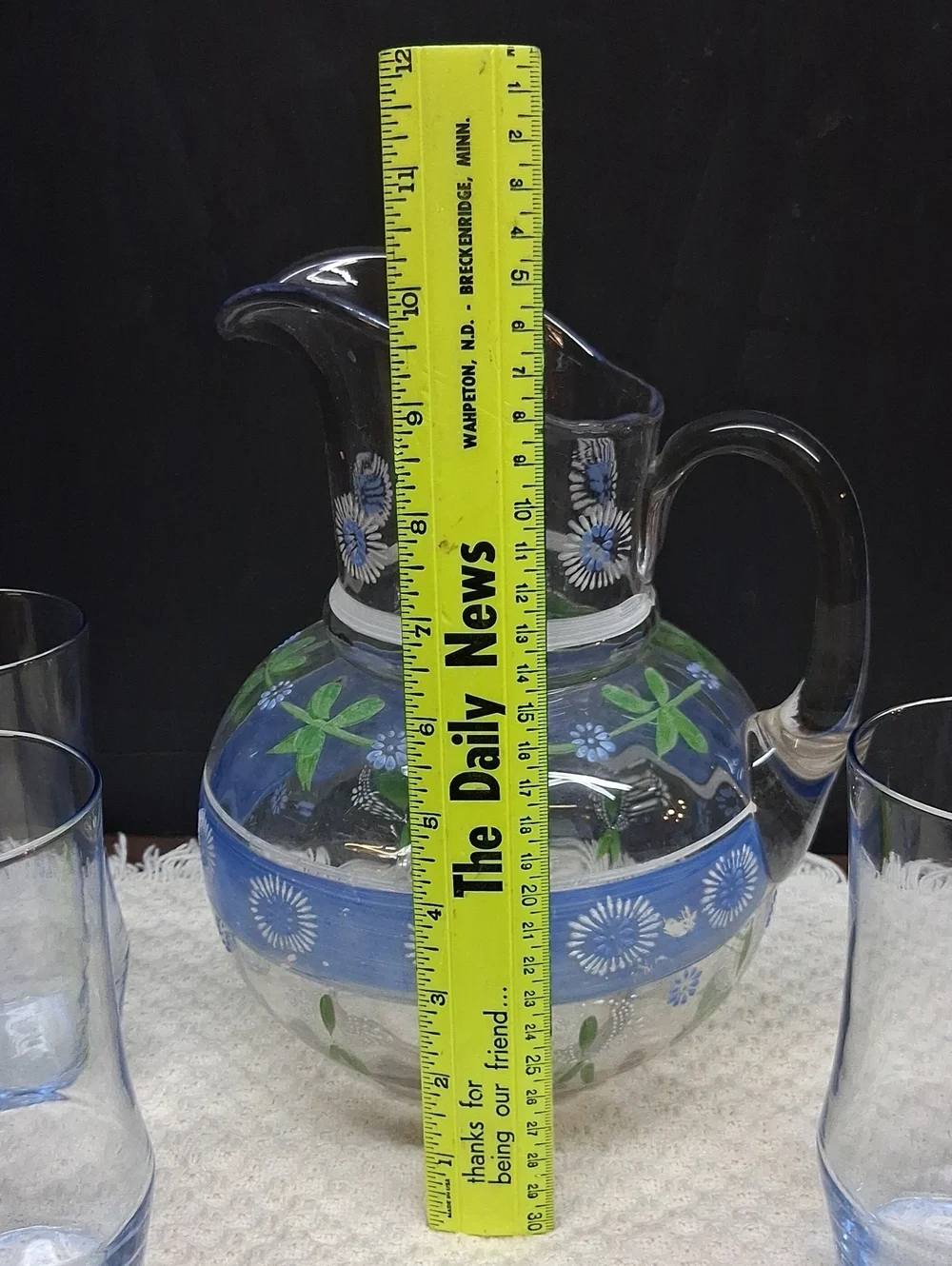 Vintage hand-painted glass pitcher & 3 blue tumblers, cottage style‎